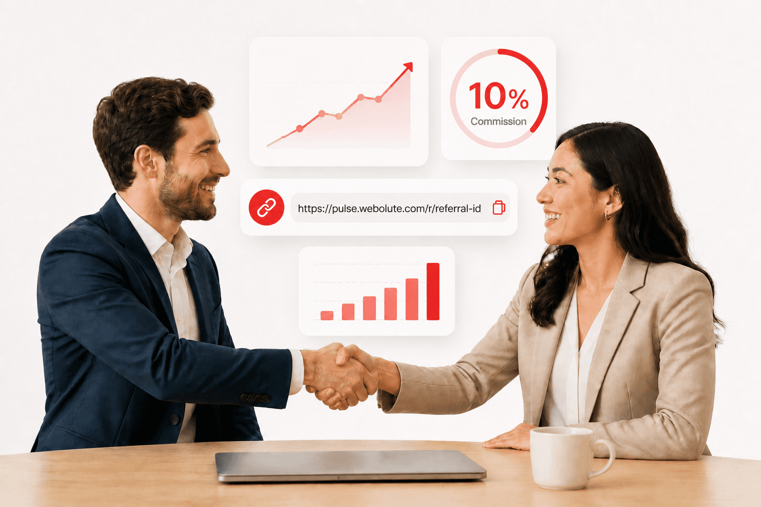 Partnership illustration: collaborators growing recurring referral revenue with Webolute Pulse